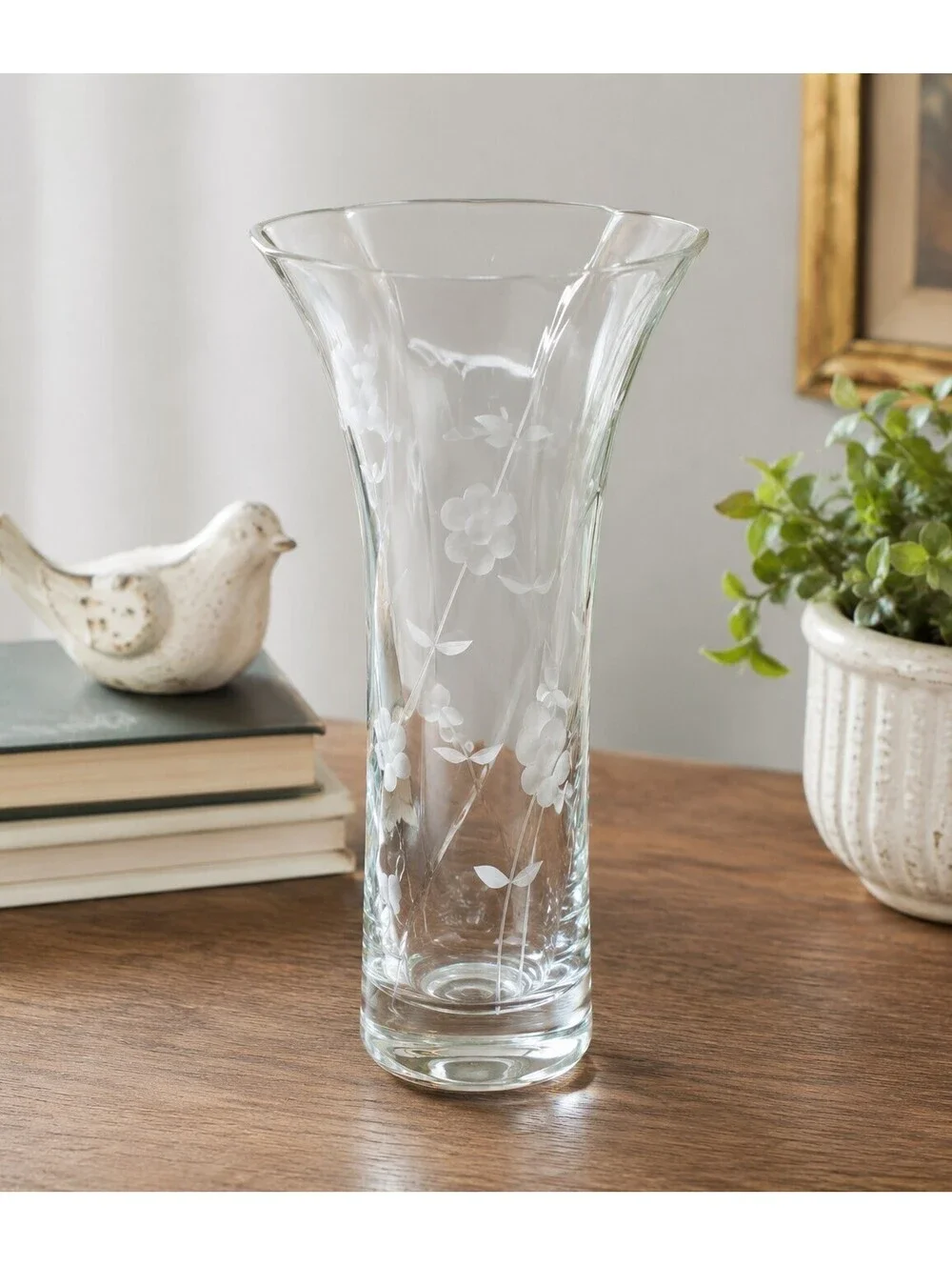 Vintage Bohemian Etched Floral Glass Trumpet Vase Czech 8
